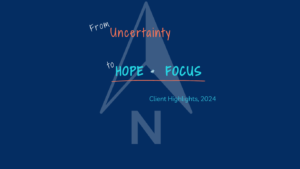 From Uncertainty to Hope and Focus. Team Quest logo with "Client Highlights 2024", a North Compass signal in the background and an arrow pointing to the right.