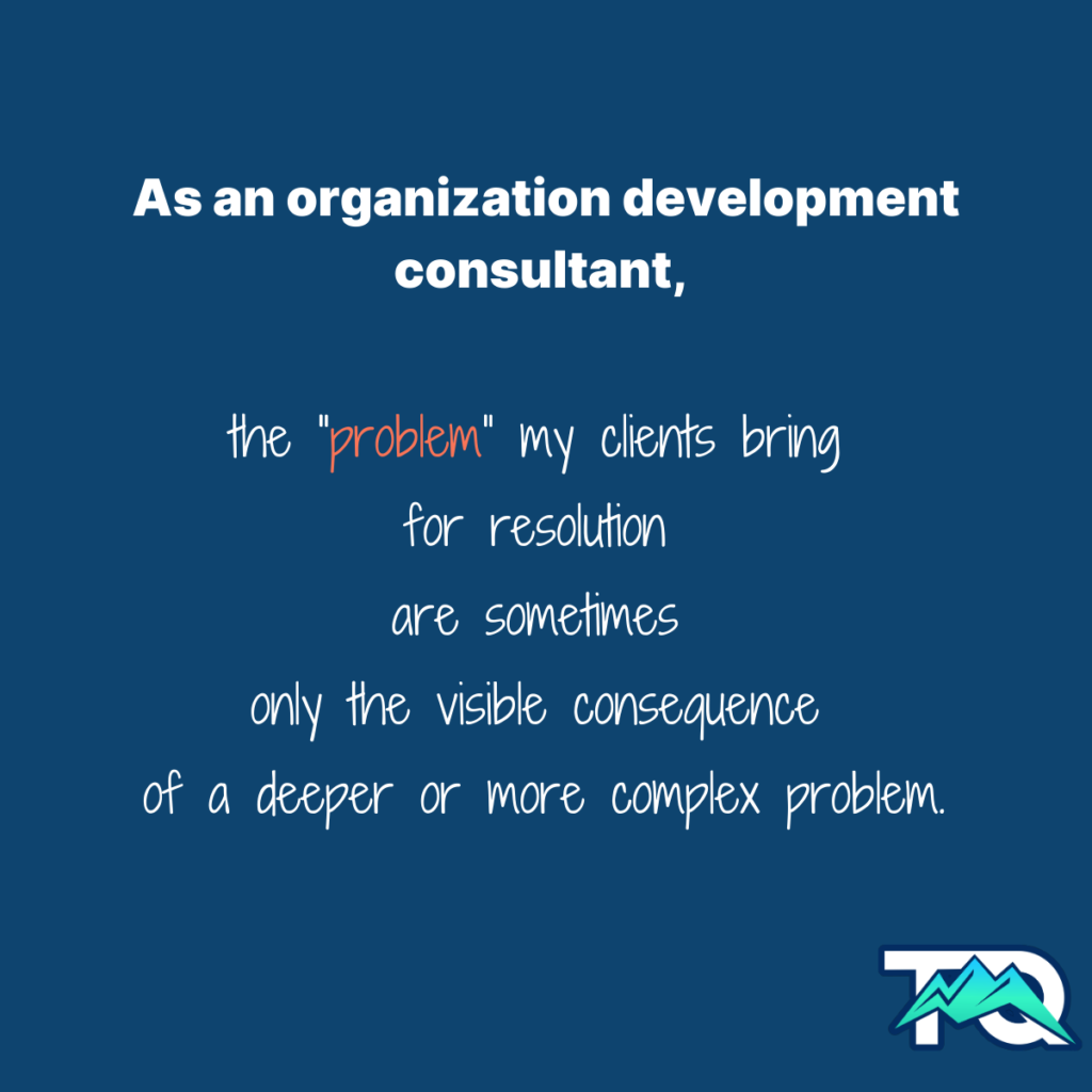 Content reads "as an organization development consultant, the “problem” my clients bring for resolution are sometimes only the visible consequence of a deeper or more complex problem.